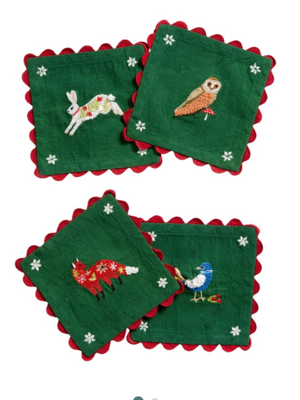 NWT Green Woodland Critters Embroidered Cocktail Napkins 4 Pack